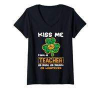 Mujer Kiss Me I'm A Teacher with Shamrock St Patrick's Day Camiseta Cuello V