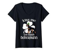 Mujer Kiss Me I'm Dobermann Dog Shamrock St Patricks Day Camiseta Cuello V