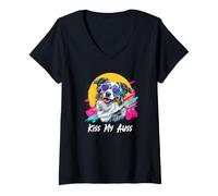 Mujer Kiss My Auss 80s 90s Blue Merle Australian Shepherd Lover Camiseta Cuello V