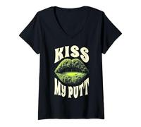 Mujer Kiss My Putt Funny Golf Cita Verde Golfista Labios Golfistas Camiseta Cuello V