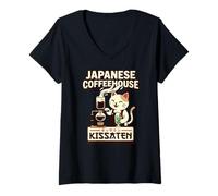 Mujer Kissaten Cat Barista Café Japonés Verter Amante Camiseta Cuello V
