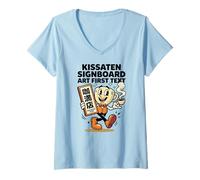 Mujer Kissaten Signboard Art First Text Mascot Japonés Camiseta Cuello V