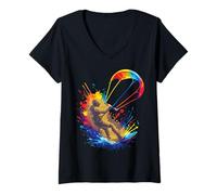 Mujer Kitesurf Art Splash - Deporte Extremo Jinete y alas Coloridas Camiseta Cuello V