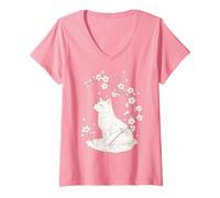 Mujer Kitsune Fox Cherry Blossoms Meditación Zen Yoga Vida Mujeres Camiseta Cuello V