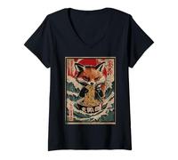 Mujer Kitsune Fox Comer Ramen Fideos Japonés Wave Art Ukiyo-e Camiseta Cuello V