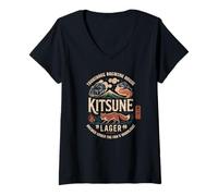 Mujer Kitsune Fox Spirit Japan Lager Mt Fuji Kanji Souvenir Camiseta Cuello V