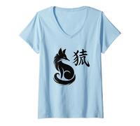 Mujer Kitsune Japanese Fox Sumi-e Ink Wash Kanji Minimalista Japón Camiseta Cuello V