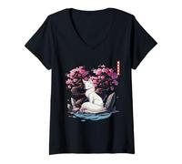 Mujer Kitsune japonés Yokai White Fox Fantasma Ukiyo E Sakura Camiseta Cuello V