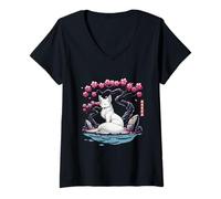 Mujer Kitsune japonés Yokai White Fox Fantasma Ukiyo E Sakura Camiseta Cuello V