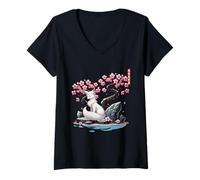 Mujer Kitsune japonés Yokai White Fox Fantasma Ukiyo E Sakura Camiseta Cuello V