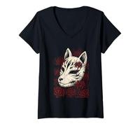 Mujer Kitsune Máscara Zorro Espíritu Rojo Araña Lirio Flor Yokai Arte Camiseta Cuello V