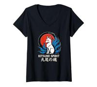 Mujer Kitsune Spirit Nine-Tailed Soul Mitología Japonesa Camiseta Cuello V