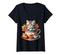 Mujer Kitten Fall Cat In Pumpkin Coffee Mug For Cat Mom and Autumn Camiseta Cuello V