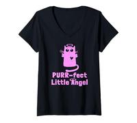 Mujer Kitty Angel Kitten Cat Purr-FECT Little Angel Halo Camiseta Cuello V