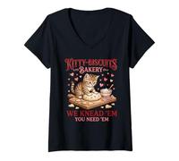 Mujer Kitty-Biscuits Panadería Gato Masa Masa Juego de Palabras Corazones Galleta Camiseta Cuello V