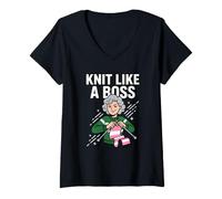 Mujer Knit Like A Boss Knitting Humor Cita Divertida Fibra Art Granny Camiseta Cuello V