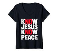 Mujer Know Jesus Know Peace Fe Cristiana Tipografía Mensaje Camiseta Cuello V