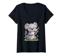 Mujer Koala con Rama de Flores ilustración Camiseta Cuello V