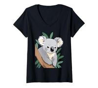 Mujer Koala Dibujado en una Rama - Ilustración de Animal Camiseta Cuello V