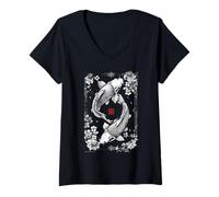 Mujer Koi Fish Cherry Blossom - Arte Tradicional japonés de Tinta Camiseta Cuello V
