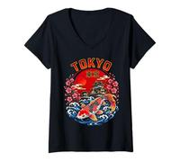 Mujer Koi Fish Tokio Japón Castillo Sakura Arte Ilustración Camiseta Cuello V