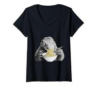 Mujer Komodo Dragon Comiendo Fideos Ramen Divertido Amante de Reptiles Camiseta Cuello V