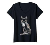 Mujer Korn-Ja Gato Dibujo Retrato Animal Motivo Ilustración Camiseta Cuello V