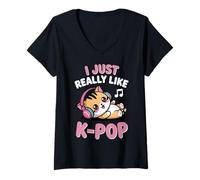 Mujer KPOP Kawaii Cat Chibi Kitten Me Gusta Mucho K Pop Girl Camiseta Cuello V