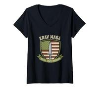 Mujer Krav Maga Shield USA Flag Defend Adapt Overcome Camiseta Cuello V