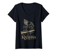 Mujer Krishna - Flauta de Dios hindú con Plumas de Pavo Real, Regalo devocional Camiseta Cuello V