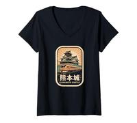 Mujer Kumamoto Castillo Japón Retro Tren Vintage Japonés Kanji Camiseta Cuello V