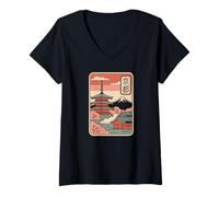 Mujer Kyoto Japón Vintage Monte Fuji Templo Retro Kanji Diseño Camiseta Cuello V