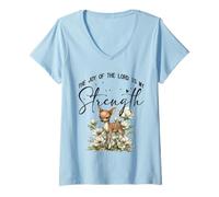 Mujer La alegría del Señor es mi Fuerza Escritura Ciervo del Bosque Camiseta Cuello V