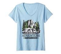 Mujer La Aventura Comienza Aquí Camping Naturaleza Viaje Camiseta Cuello V