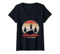 Mujer La aventura está ahí fuera Montañas Montañeros Montañismo Camiseta Cuello V
