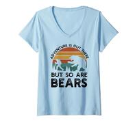 Mujer La Aventura está ahí Fuera, Pero también lo Son los Osos Divertidos Senderismo Camping Camiseta Cuello V