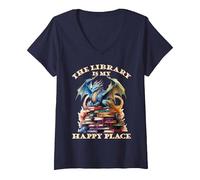 Mujer La Biblioteca es mi Lugar Feliz, Profesor de Dragones Camiseta Cuello V, Azul Marino, M