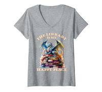 Mujer La Biblioteca es mi Lugar Feliz, Profesor de Dragones Camiseta Cuello V, Gris Jaspeado, XL