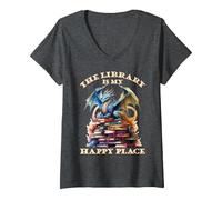 Mujer La Biblioteca es mi Lugar Feliz, Profesor de Dragones Camiseta Cuello V, Jaspeado Oscuro, XL