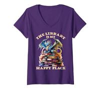 Mujer La Biblioteca es mi Lugar Feliz, Profesor de Dragones Camiseta Cuello V, Morado, L