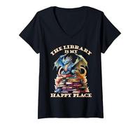 Mujer La Biblioteca es mi Lugar Feliz, Profesor de Dragones Camiseta Cuello V, Negro, XL