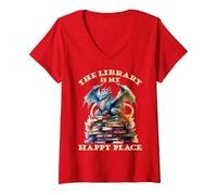 Mujer La Biblioteca es mi Lugar Feliz, Profesor de Dragones Camiseta Cuello V, Rojo, XL