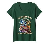 Mujer La Biblioteca es mi Lugar Feliz, Profesor de Dragones Camiseta Cuello V, Verde Bosque, XL