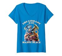 Mujer La Biblioteca es mi Lugar Feliz, Profesor de Dragones Camiseta Cuello V, Zafiro, M