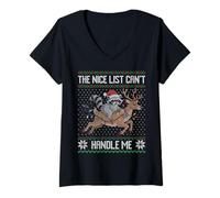 Mujer La Buena Lista no Puede manejarme Mapache Montando Reno Navidad Camiseta Cuello V