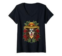 Mujer La Calavera Catrina - Santa Muerte - Sugar Skull Camiseta Cuello V