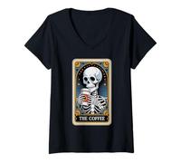 Mujer La Carta del Tarot del café Esqueleto Halloween Amante del café Camiseta Cuello V