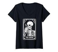 Mujer La Carta del Tarot del café Esqueleto Halloween Amante del café Camiseta Cuello V