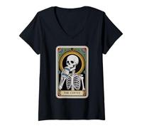 Mujer La Carta del Tarot del café Esqueleto Halloween Amante del café Camiseta Cuello V