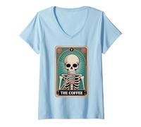 Mujer La Carta del Tarot del café Esqueleto Halloween Amante del café Camiseta Cuello V